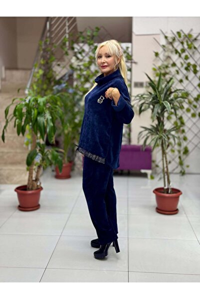 Punta Otantik Nc15517 Degaje Collar Teddy Bear Stone Embellished Italian Velvet Suit Navy Blue