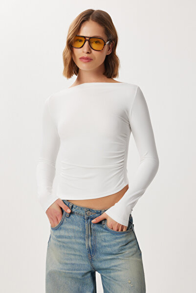 Lovelyİstanbul Asymmetrical Gathered Knitted Blouse Lby0020 Ecru