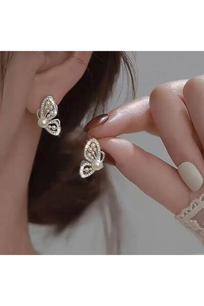 Aeterna&Inoxza Zarif Kelebek Figürlü İnci Küpe- Kararmaz Çelik