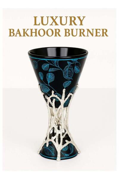Radin Luxury Bakhoor Burner - Black & Blue Leaf with Silver Metal Base