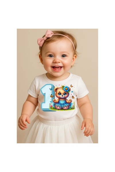 OEM - Tricou pentru fete, numărul 1, ursuleț de pluș albastru, alb, 86 cm