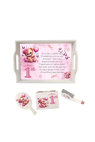 OEM Set roz pentru primul păr cu ursuleț de pluș pentru bebeluși – tavă personalizată, perie, pieptene și cutie de suveniruri