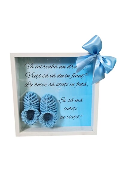 OEM Ramă 3D pentru invitații la nași cu botoșei croșetați, 25x25 cm, albastru deschis