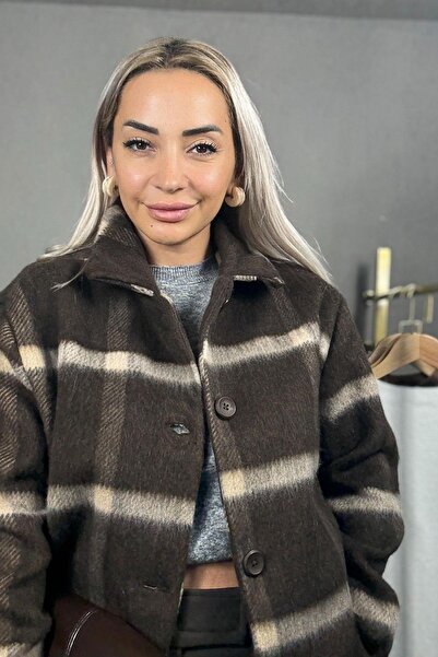 Muna Boutique Front Buttoned Regular Fit Brown Cream Cashmere Women's Coat