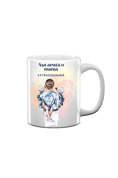 OEM Cană personalizată albă, 9,9 cm - „Mamă extraordinară a 2 băieți”