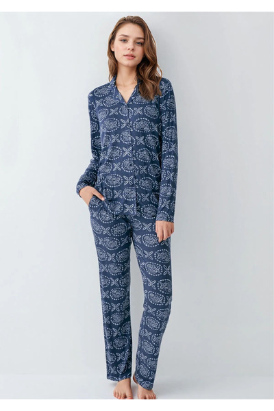 Loule Women's Clothing Cotton & Modal Blue Shirt Pajama Set L1.Ar.340.2.001