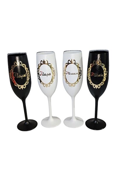 OEM Set de 4 pahare pentru mire și mireasă, albe și negre, text auriu