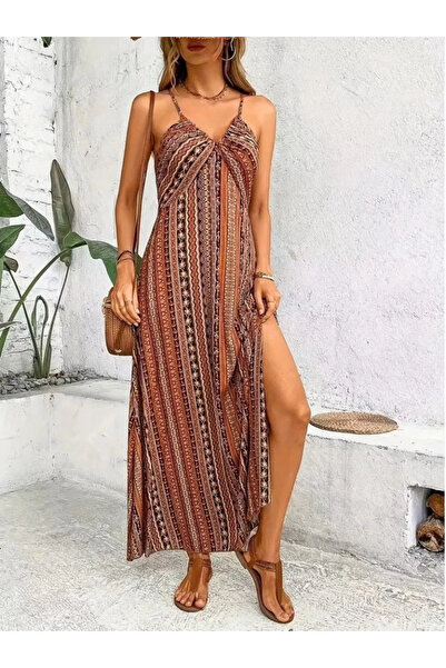 nedo7 فستان نسائي من قماش السوبريم بحزام على شكل حبل وفتحة متقاطعة من الخلف