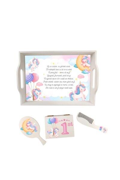 OEM Set de tăiere pentru prima șuviță Unicorn Baby – Tavă personalizată, Perie, Pieptene și Cutie cu Suveniruri pentru Prima Naștere