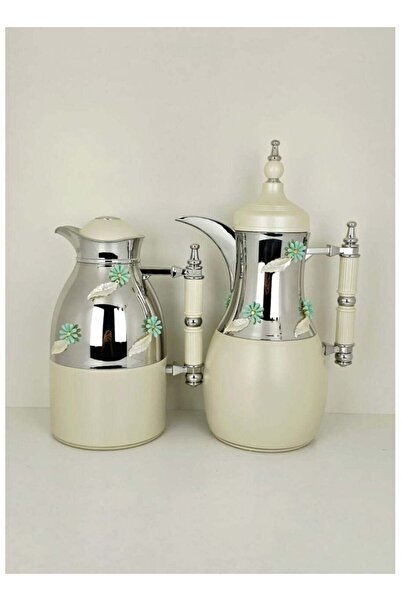 Radin Almarjan Vacuum Flask Set ABS Push Button 1L + 1L Ivory & Silver Elegan...