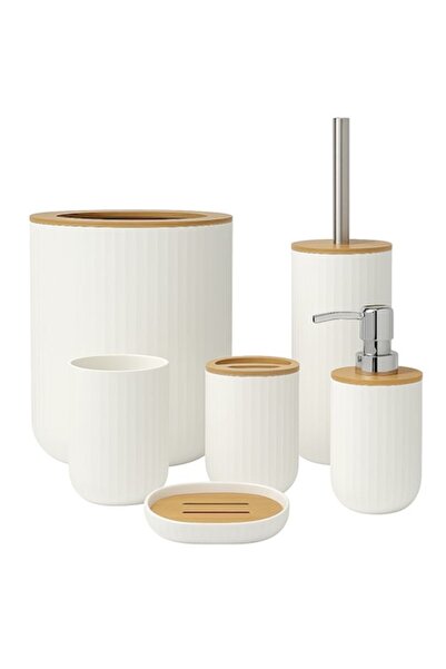 TnsAround Bathroom Accessory Set, 7 Pieces, White with Bamboo Details, Plastic, 26x19.5x19.5 cm