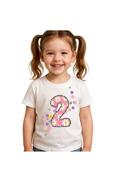 OEM - Girls' birthday T-shirt with number 2 and pink flowers, white, 98 cm
