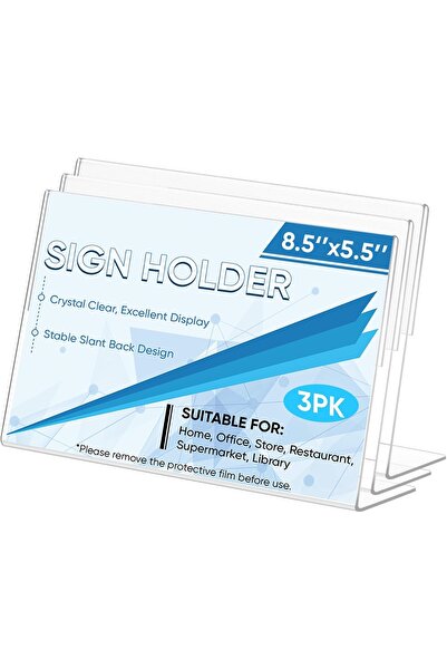 Slasa 3 Pack 8.5x5.5 Horizontal L Shape Acrylic Sign Holder Clear Plastic Display Stand