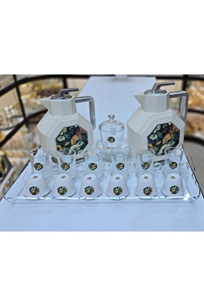 Generic 22Pcs Arabic Tea Coffee Set with Tray Silver Plated Thermos, 6 Cawa Cups, 6 Saucers, Sugar B