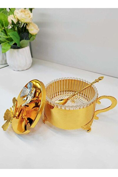 Generic Sugar Bowl with Lid and Spoon - Metal Golden Sugar Container for Coffee Bar