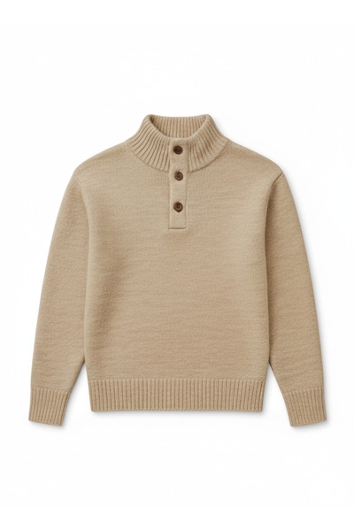 ECARTS Erkek Premium %100 Yün Düğmeli Dik Yaka Kazak Camel Eca051