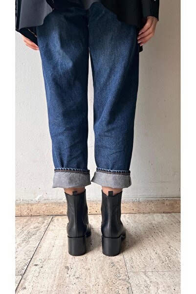 ESSO LA MİA Kadın KÜT Burun Çift Lastikli Kalın Topuklu BotSİYAH DERİ ÇİLT