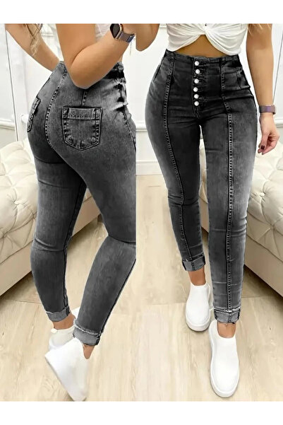 nedo7 بنطلون جينز نسائي عالي الخصر بأزرار أمامية