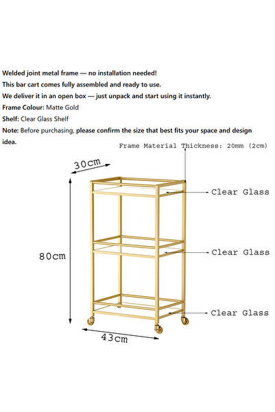 YINZUO 3-Tier Bar Cart with Clear Glass Shelves & Welded Metal Frame – No Installation Needed