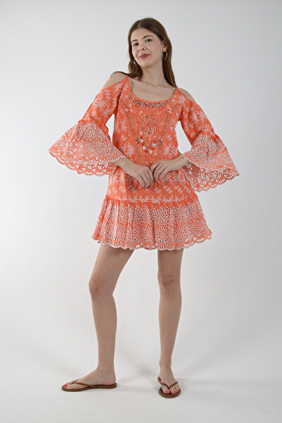 REİNA TEKS Bohemian Dress 1 Piece Ethnic Guipure Detailed Rope Strap Orange R...