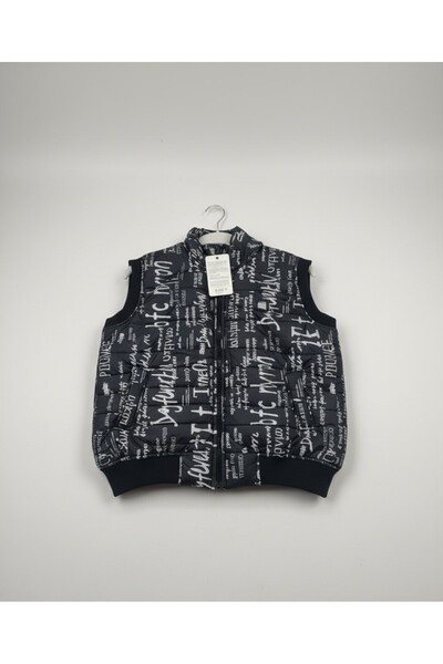 Asyagiyimavm Siyah Beyaz Yazı Baskılı Şişme Kapüşonlu Erkek Yelek