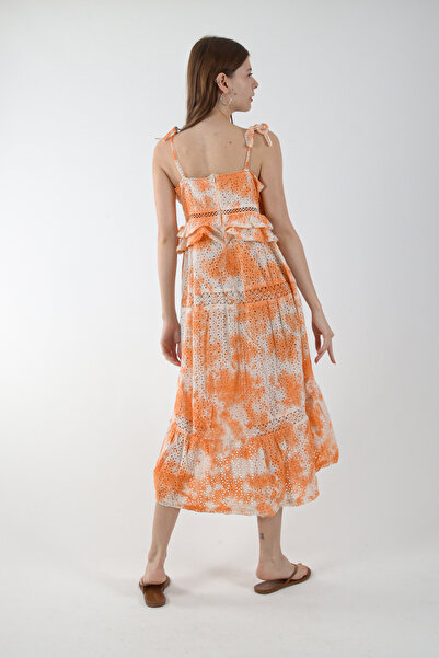 REİNA TEKS Bohemian Dress 1 Piece Ethnic Guipure Detailed Midi Retro Dress Orange