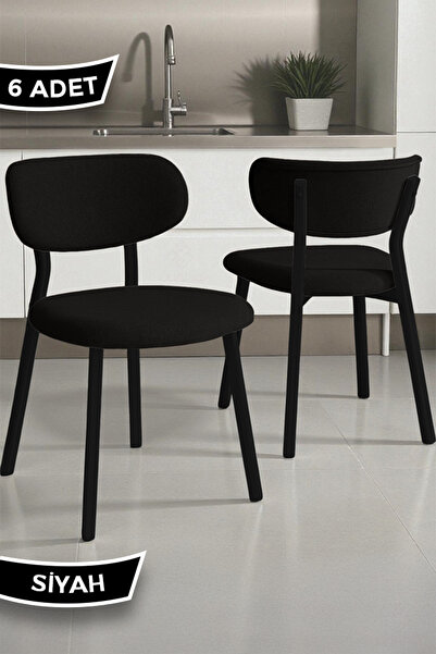 Canisa Toldy Serisi 6 Adet Siyah Bukle Kumaş Mutfak Sandalyesi Siyah Metal Ayak