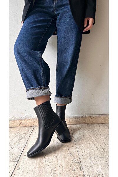 ESSO LA MİA Kadın KÜT Burun Çift Lastikli Kalın Topuklu BotSİYAH DERİ ÇİLT