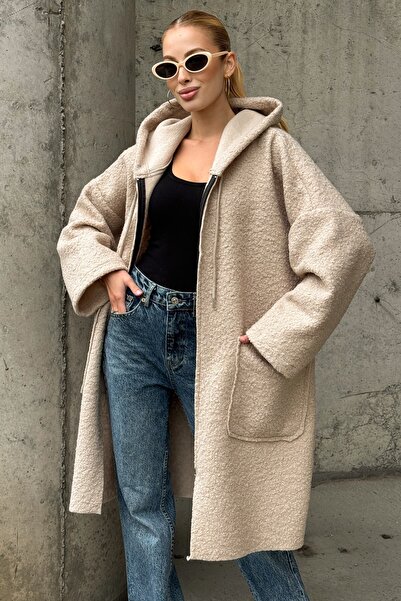 Chiccy Beige Hooded Long Sleeve Zippered Pocket Unlined Boucle Casual Oversized Woven Coat 90 73