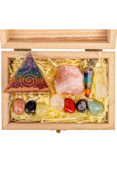 craftmystic Set premium cu cristale, pietre și piramidă orgonică în cutie de lemn