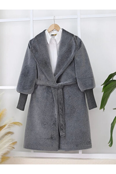 nedo7 Ribbed Sleeve Shawl Collar Lined Cashmere Coat - Smoked