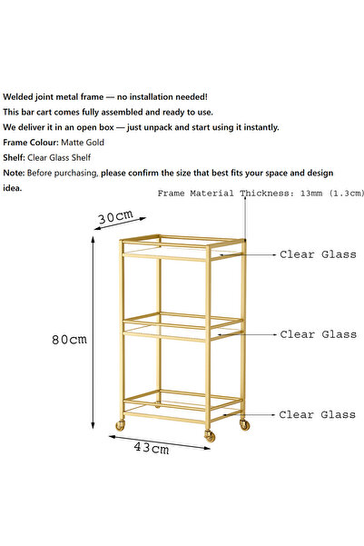 YINZUO 3-Tier Bar Cart with Clear Glass Shelves & Welded Metal Frame – No Installation Needed