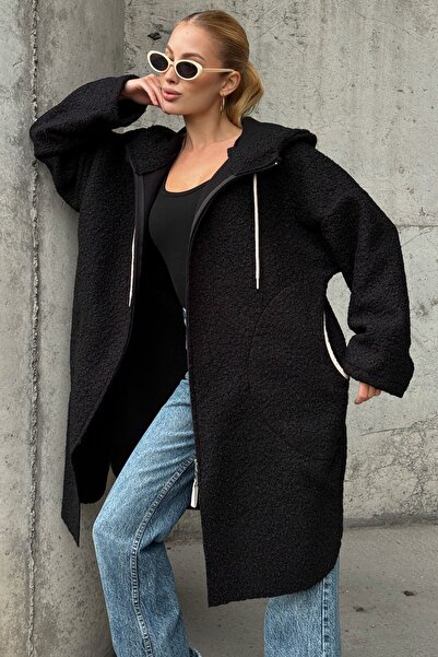 Chiccy Black Hooded Long Sleeve Zippered Pocket Unlined Boucle Casual Oversized Woven Coat 98 68