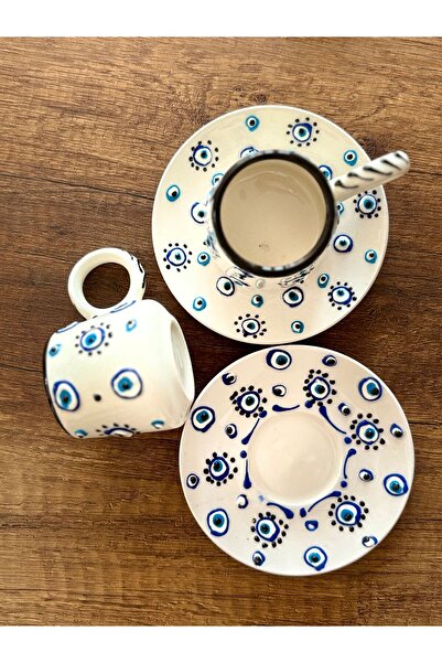 MUGUSA HEDİYELİK EL YAPIMI ÇİNİ SERAMİK KABARTMA DESENLİ NAZAR MOTİF 2' Lİ KA...