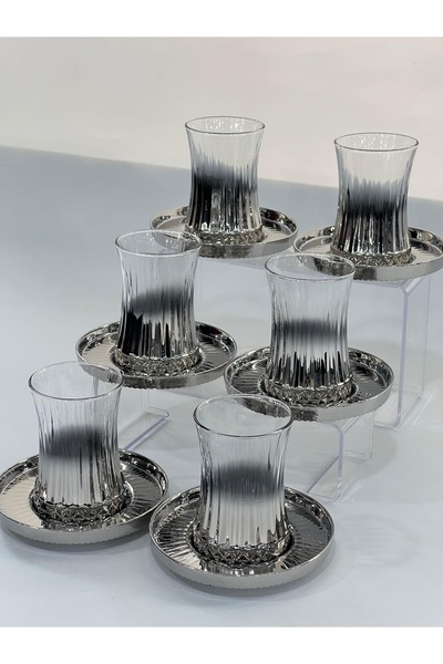 isra kristal Luxury 6-Piece Silver Glass Tea Set – Stylish Cup and Saucer Set – Dishwasher Safe Tea Set