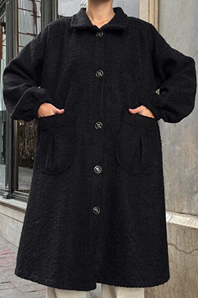 Chiccy Black Jacket Collar Long Sleeve Buttoned Pockets Unlined Boucle Casual Oversized Woven Coat 99 62