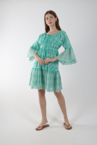 REİNA TEKS Bohem Elbise 1 Adet Etnik Güpür Detaylı Midi Kol Retro Elbise Yeşil