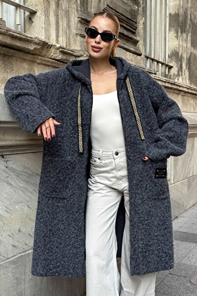 Chiccy Ανθρακί με κουκούλα μακρυμάνικο με τσέπες με φερμουάρ χωρίς επένδυση Boucle Casual oversized υφαντό παλτό 100 62