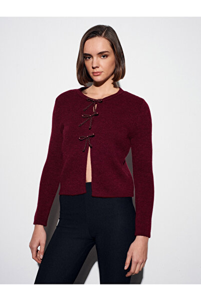 Dilvin 60983 Bow Detailed Knitwear Cardigan-Light Burgundy