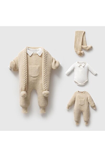 Nipperland 3-Piece Premium Knitwear Jumpsuit with Scarf Beige