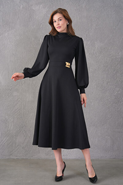 vuvutasarım Țesătură creponată elastică, cu detaliu de broșă, mâneci lungi tip balon, evazată, lungime midi, rochie de seară neagră 77155