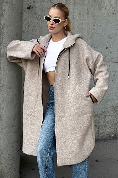 Chiccy Beige Hooded Long Sleeve Zippered Pocket Unlined Boucle Casual Oversized Woven Coat 98 68