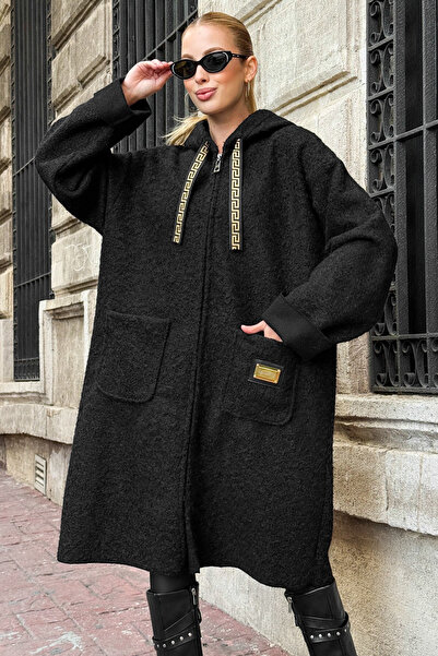 Chiccy Black Hooded Long Sleeve Zippered Pocket Unlined Boucle Casual Oversized Woven Coat 100 62