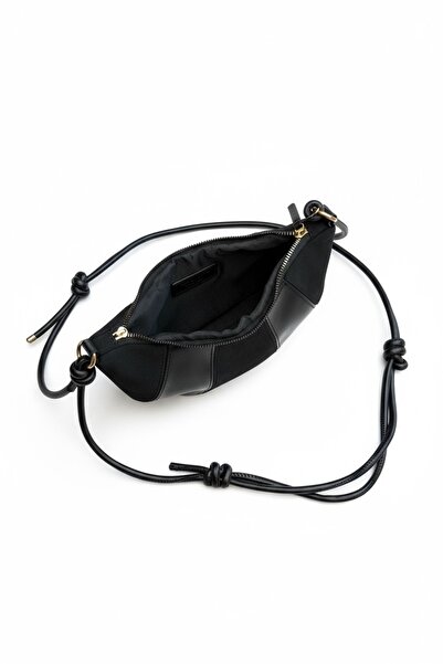 minebag Bohemian Style Wade Women's Crossbody Bag in Suede Leather Mix with Rope Pendant Detail, Black