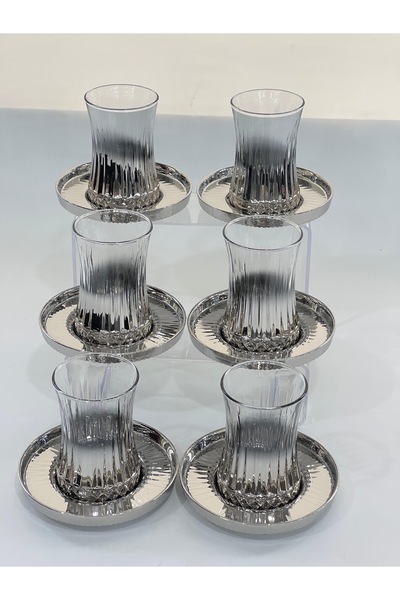 isra kristal Luxury 6-Piece Silver Glass Tea Set – Stylish Cup and Saucer Set – Dishwasher Safe Tea Set