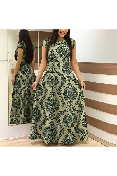 nedo7 Women's Short Sleeve Crew Neck Polka Dot Maxi Knitted Crepe Dress