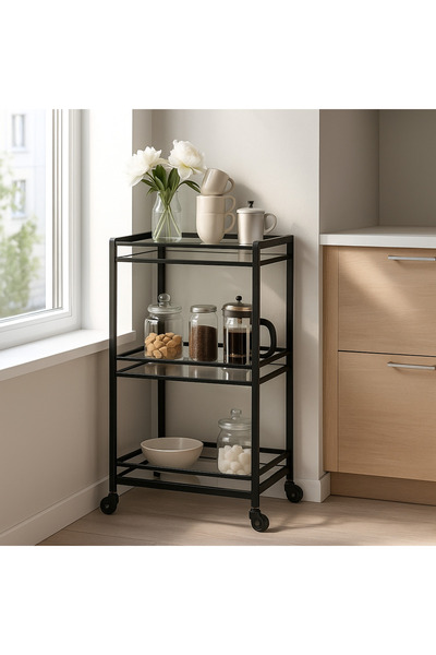 YINZUO عربة بار بثلاث طبقات مع أرفف زجاجية شفافة وإطار معدني ملحوم - لا حاجة ...