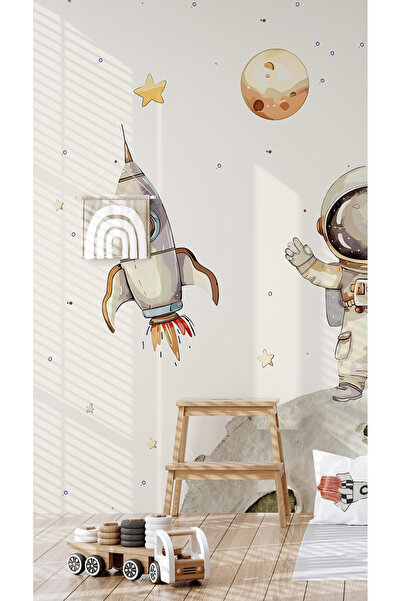 Tasarım Sulu Boya Astronot Roket Duvar Kağıdı Poster | Uzay Temalı Çocuk Odas...