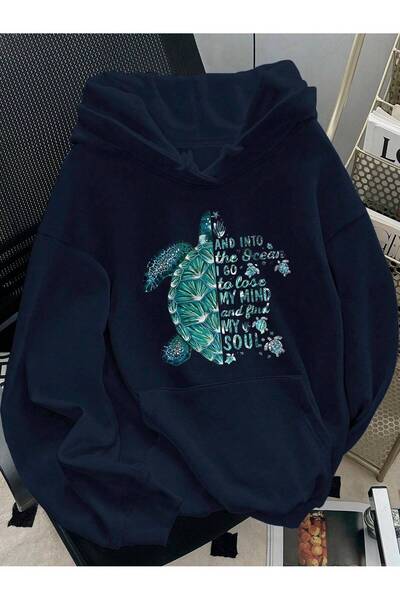 LAYORA Широка блуза с качулка и трислоен плат с принт на костенурка