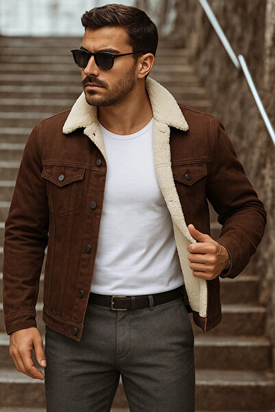comstar Men's Winter Trend Fur Inside Plush Brown Denim Jacket